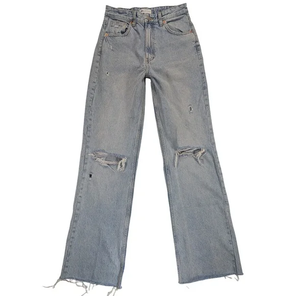 ZARA Wide Leg Jeans Womens 6 100% Cotton Distressed Denim 90's Grunge y2k Preppy - Picture 2 of 12